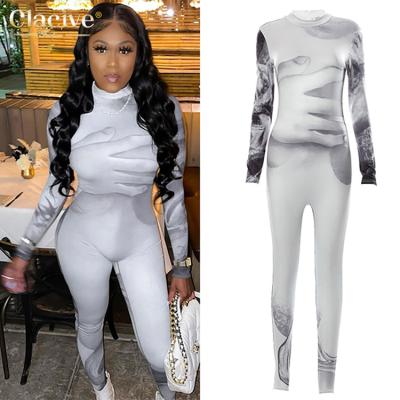 China Gray Casual Low Waisted Bodycon Clacive Clothing Manufacturer Breathable Print Long Sleeve O-Neck Sexy Overalls For Women for sale