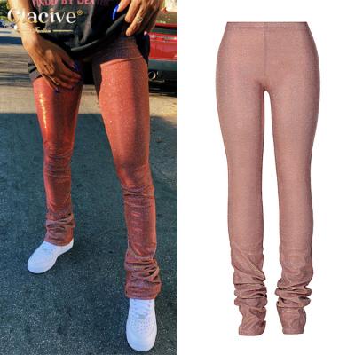 China Clacive Breathable 2021 Newest Design Fashion Mid Waisted Streetwear Women Casual Pants Women Bright Silk Skinny Jogger Trousers for sale