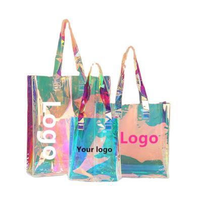 China Fashion Free Custom Logo Holographic Bag Women Handbags Shopping Makeup Bag Clear Advertise PVC Bag for sale