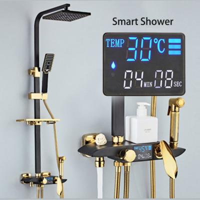 China Without Sliding Bar Gold Bath Luxury Black Shower Fucet Set Hot Cold Mixer Faucet Wall Handing Hotel Bathrong Digital Smart Shower for sale