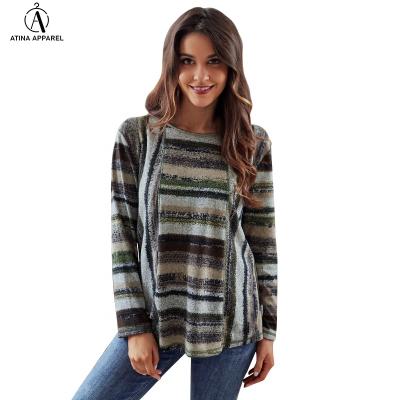 China 2021 Women's Anti-Wrinkle Tunic Striped Top Women's Clothing Scoop Neck Casual Elegant Graphic Patchwork Striped Top for sale