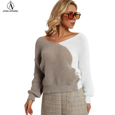 China 2021 Breathable Casual Patchwork V-neck Pullover Autumn And Winter Knitted Bat Wing Sheath Women Sweaters for sale