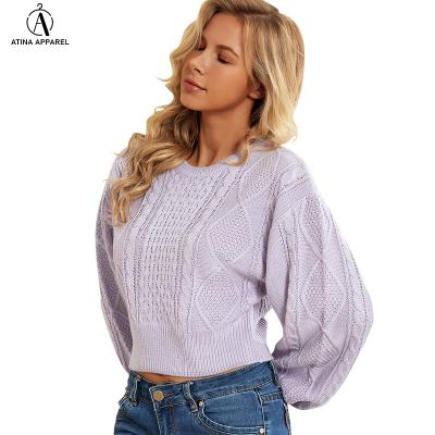 China 2021 New Winter Breathable Bat Wing Solid Round Sleeves Crop Knitted Pullover Sweater Tops For Women for sale