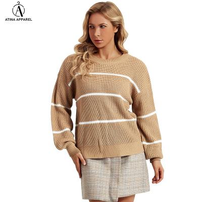 China 2021 winter top style of new sweater collar striped sweater loose simple round solid breathable casual pullover for sale