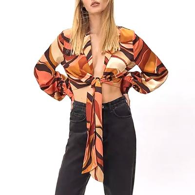 China OEM ODM Long Sleeve Tie Front Cropped Shirt Satin Crop 2022 Plus Size Loose Casual Polyester Silk Women's Blouses And Shirts for sale