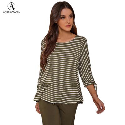 China Hot sale Anti-wrinkle 2021 women loungewear women loungewear scoop neck bamboo tie sleeve striped top tunic top for sale