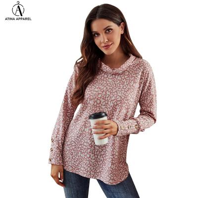 China 2021 Anti-wrinkle hot sale ladies fashion clothing elegant leopard print cowl neck button sleeve tunic top for sale