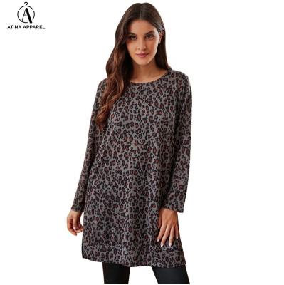 China 2021 New Arrivals Woman Boat Neck Long Sleeve Leopard Anti-Static Top Pockets Dress With Side Slit for sale