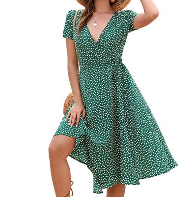 China Wholesale Girls' Green Dresses Spring Sleeves V-Neck Deep Floral Dress Anti-Static Loose Midi Dress Elegant Women Lady for sale