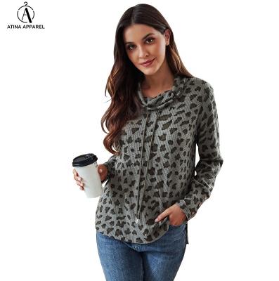 China Anti-wrinkle women's hoodies sweatshirts waffle sweatshirt with button sleeve and drawstring leopard top for sale