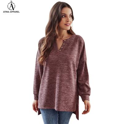 China Anti-Wrinkle Ladies Button Neck Tops Tunic Top Elegant Notched Top Loose Solid Loose Fit Tops Hi Low for sale