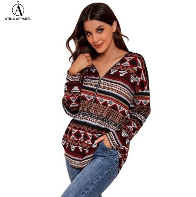 China Anti-Wrinkle Popular Fashion Women Tops Casual Drop Shoulder Indian Christmas Print Zipper Neck Tunic Top for sale