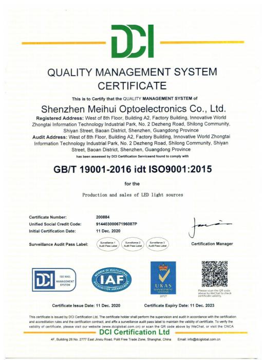 ISO14001 - Shenzhen Mei Hui Optoelectronics Co., Ltd.