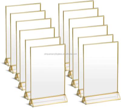 China Wedding Table Number Holder Menu Holder Photo Holder Customized Double Sided Views Clear Acrylic Gold Borders Sign Holder For Wedding Clear Table Numbers Photos Menu Holders for sale