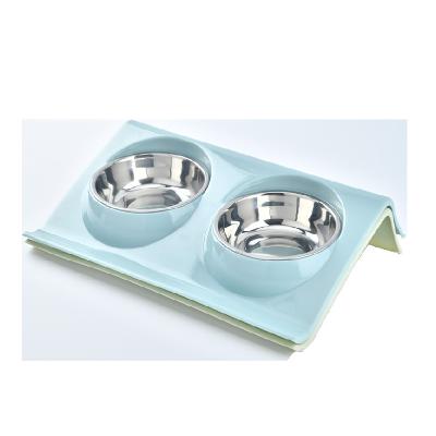 China OEM Double Bowls Stainless Steel Food Water Feeder Automatic Dog Cat Pet Diagonal Food Bowl for sale