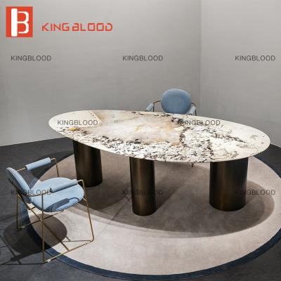 China Luxury Modern Oval Stone Stainless Steel Stone Legs Pandora Shape Natural Marble Dining Table Set for sale