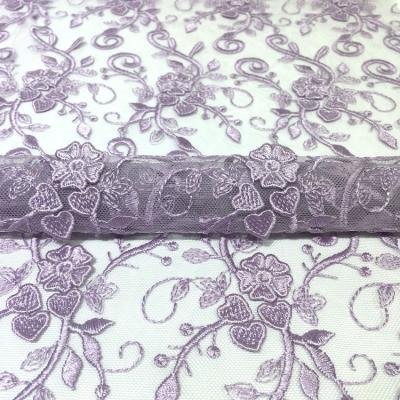 China 2021 Viable Brand New High Quality Purple 3D Lace Mesh Embroidery Flower Fabric For Woman Dress Trim Material for sale