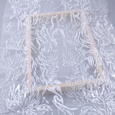 China Sustainable 3D Beaded Sewing Lace Fabric With Line Design Bridal Tulle Wedding Dress Lace Fabric for sale