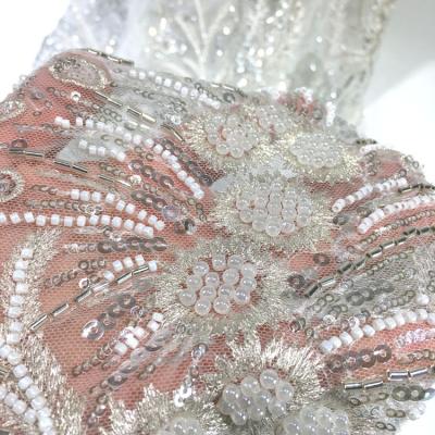 China Other Factory Customized Knitted White Embroidery Fabric With Sequin 3 Types Beaded Lace Tube Fabric for sale