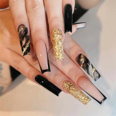 China Special long nail piece of nail Art Wearing A European and American patch nail French shiny black gold atmosphere for sale