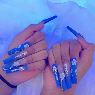 China Design Ballet Armor Wearable Nails Blue Diamond Joke Stickers Finished Nail Piece Removable Nail for sale