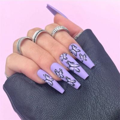 China Long Design Ballet Butterfly Nails Fashionable Light Plastic Square Purple Art Painting Nails Press On Opaque Nails for sale