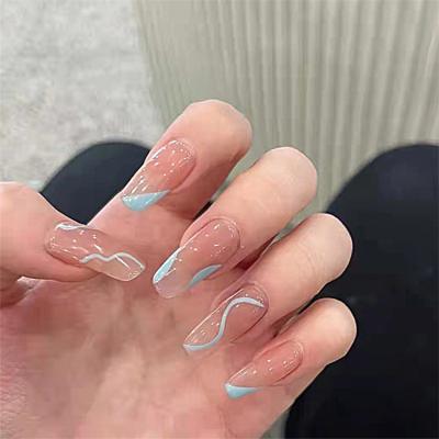 China Design wearing Art Patch Wholesale Blue Ocean to wave to sprinkle ballet transparent long nail patch finishing nail for sale