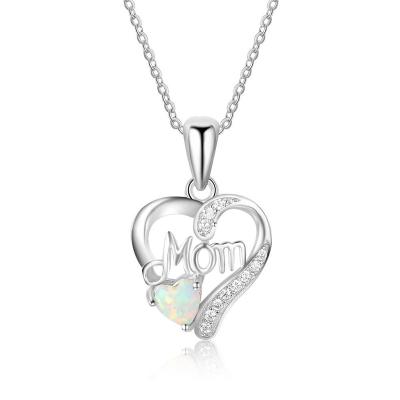 China BOHEMIA Love Gift Mom Letter Opal Heart Pendant Necklace Silver Color Jewelry Mothers Day Gift For Mother for sale