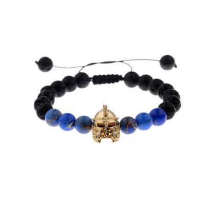 China Spartan Helmet Charm Natural Stone Lapis Lazuli Bracelet Men Bead Bracelets Lava Stone Adjustable Bracelet for sale