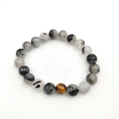 China Jade Black Rutitated Quartz Genuine Stretch Stone Bracelet Unisex Natural Stone Bracelet for sale