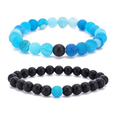 China Fashionable Elastic Natural Stone Couple Bracelet 8mm Agate Turquoise Matte Black Agate Stone Bead Bracelet for sale