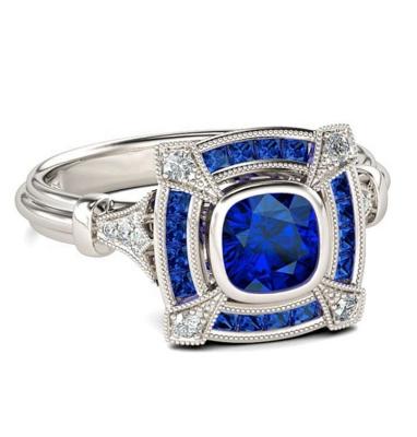 China Women Jewelry Ring AC039914 AngryCat 925 Sterling Silver Blue Natural Crystal Stone Vintage Engraved Fine Cavity Sapphire Jewelry Flower Ring for sale