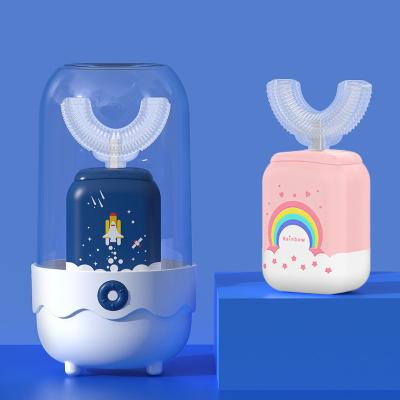 China Sonic Cartoon Model Design Foog Grade Battery Operated Rechargeable Silicone U Shape Brush Head Child Ultrasonic Baby Electric Toothbrush For Kids for sale