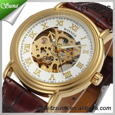 China Good Price Non-Specific Genuine Leather Skeleton Watch Winner 2 Colors Automatic Mechanical Watch for sale