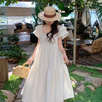 China Viable 2023 Summer New Large White Square Women's Mid Sleeve Bubble Neck Length Dress Pregnant Women Wear for sale