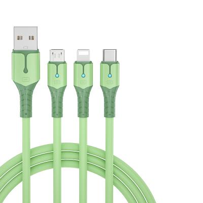 China Amazon Hot Selling LED Light/Silicone/3 in 1 USB Charger Cable Phone Type-C 3 in 1 Type C Silicone Charger Micro USB Fast Charging Cable for sale