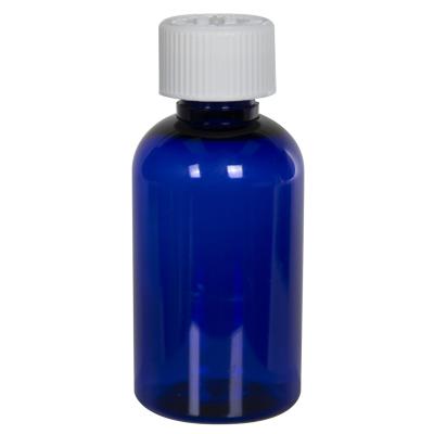 China Household products 2 oz. Cobalt Blue PET Boston Round Squeeze Bottle With Clear Flip Top Cap Pet Bottle for sale