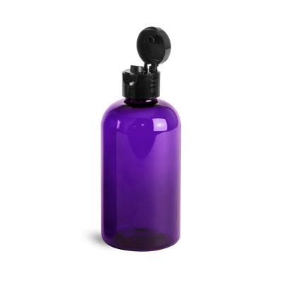 China Plastic Cosmetic Bottles Purple PET Boston Round Bottles With Black Smooth Snap Top Caps for sale