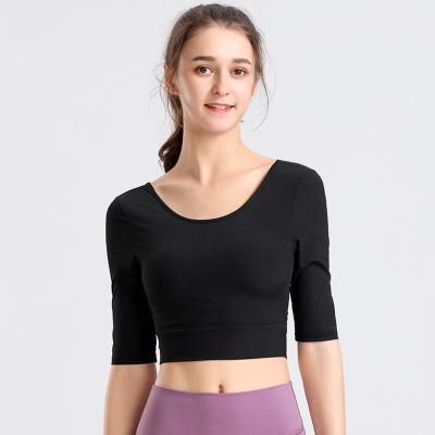 China Breathable Yoga Wear Yoga Shorts Backless Sleeve T-Shirt Running Solid Color Top for sale