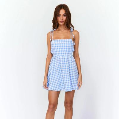 China Summer Women's Blue Dress Mini Dress Bow Tie Design Print Causal Sleeveless Wholesale Gingham Breathable for sale