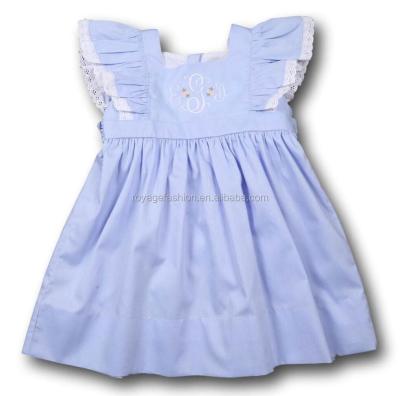 China Breathable Baby Pique Eyelet Ruffle Infant Blue Smocked Dress for sale