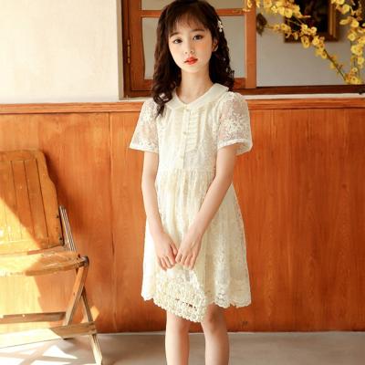 China Newest Summer Breathable Comfortable Elegant Embroidered Flowers Beige Girls Lace Up Dress for sale