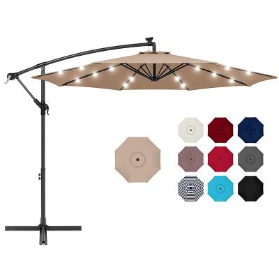 China 36 Led Light Adjustable Led Patio Umbrella Light Customs Lead Patio Umbrella Offset Style Solar Sunshade With Cross Base for sale