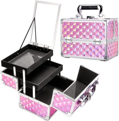 China Madame Makeup Organizer Box with Mirror Lockable Makeup Case Waterproof Pink Vanity Case with 2 Trays for Make Up Storage Travel for sale