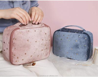 China Fashion Waterproof Large Velvet Nylon Pouch With Glitter Patch Cosmetic Toiletry Pouch Makeup Bag for sale