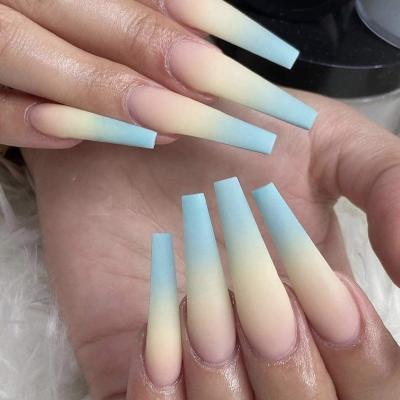 China Insane easy to apply& Remove Gradient Blue And Yellow Long Ballet Wear Nails Nail Manicure Finish Nail Patches for sale