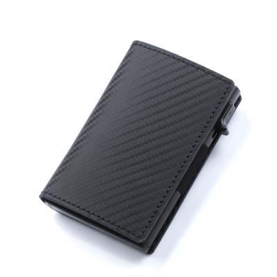 China Custom Minimalist Wallet Fashion Metal Card Rfid Blocking Carbon Fiber Leather Card Holder for sale