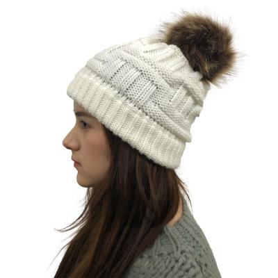 China Hot Sale COMMON Bamboo-weaving Art Hat Women Fur Pompom Ball Beanie Warm Winter Striped Knitted for sale