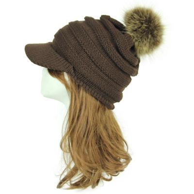 China JOINT High Quality Customizable Women Knitted Hat With Fur Pom-pom Ball Winter Warm Striped Knitted Hat for sale