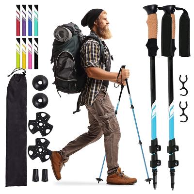 China New Hot Sale Design Adjustable Cork Folding Fiber Canes Alpenstock 7075 Carbon Steel Adjustable Folding Aluminum Trekking Handle 3 Sections for sale